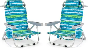 Giantex 2-Pack Backpack Beach Chair, Foldable Camping Chair with 5 Adjustable Position, Cup Holder, Storage Pockets, Straps, Towel Rack, Pillow, Lay Flat Lawn Chairs for Patio Outdoor, Blue/Green