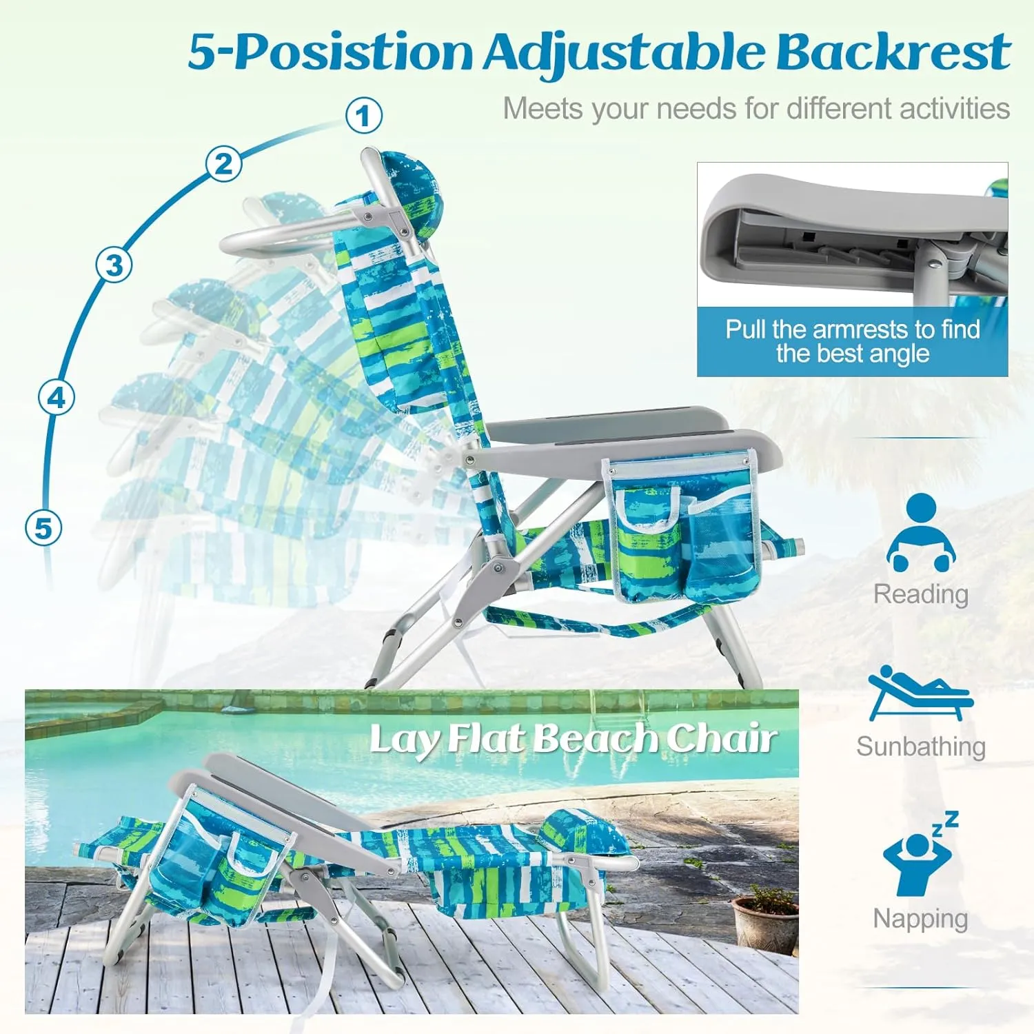 Giantex 2-Pack Backpack Beach Chair, Foldable Camping Chair with 5 Adjustable Position, Cup Holder, Storage Pockets, Straps, Towel Rack, Pillow, Lay Flat Lawn Chairs for Patio Outdoor, Blue/Green