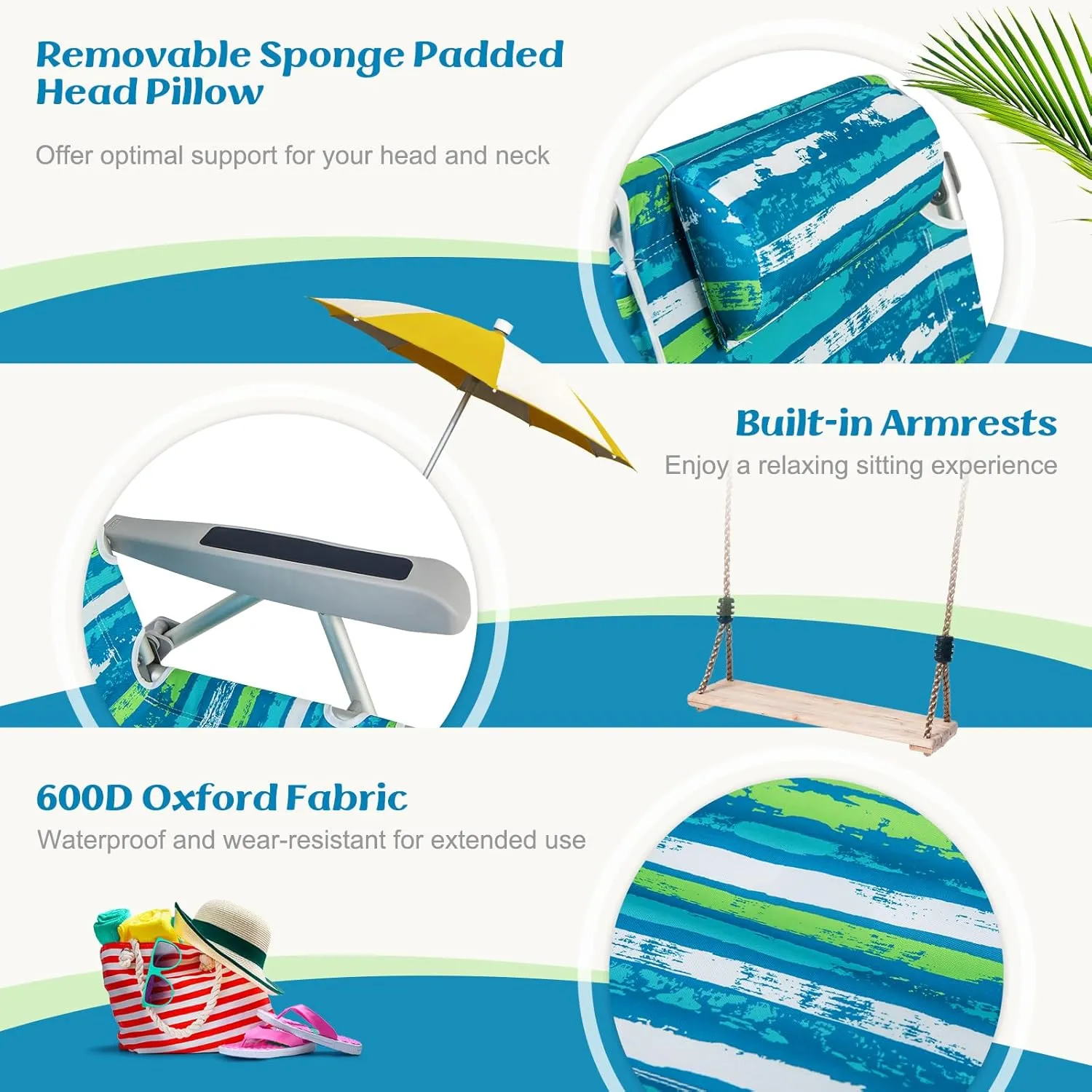 Giantex 2-Pack Backpack Beach Chair, Foldable Camping Chair with 5 Adjustable Position, Cup Holder, Storage Pockets, Straps, Towel Rack, Pillow, Lay Flat Lawn Chairs for Patio Outdoor, Blue/Green