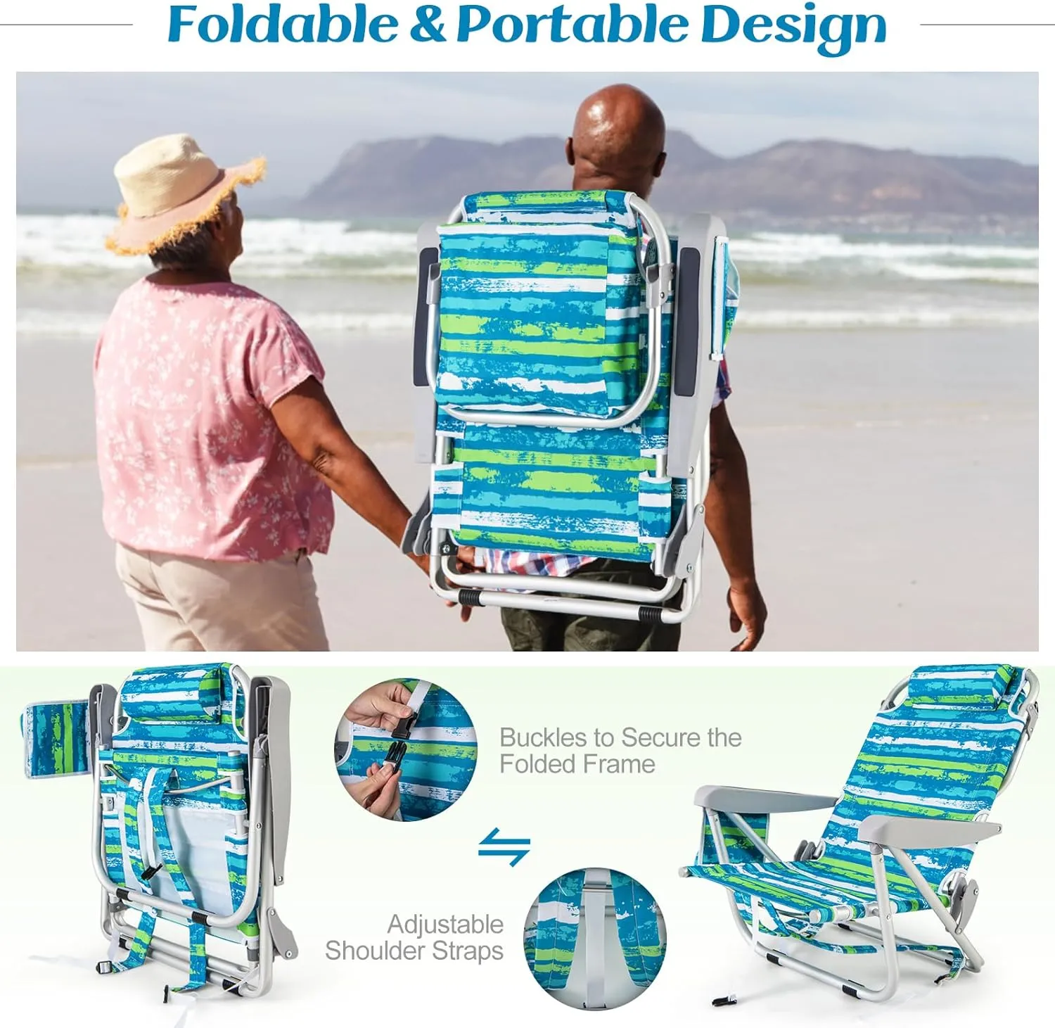 Giantex 2-Pack Backpack Beach Chair, Foldable Camping Chair with 5 Adjustable Position, Cup Holder, Storage Pockets, Straps, Towel Rack, Pillow, Lay Flat Lawn Chairs for Patio Outdoor, Blue/Green