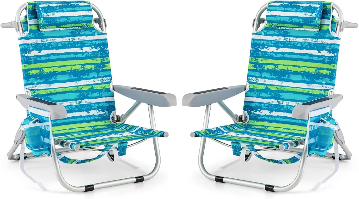 Giantex 2-Pack Backpack Beach Chair, Foldable Camping Chair with 5 Adjustable Position, Cup Holder, Storage Pockets, Straps, Towel Rack, Pillow, Lay Flat Lawn Chairs for Patio Outdoor, Blue/Green
