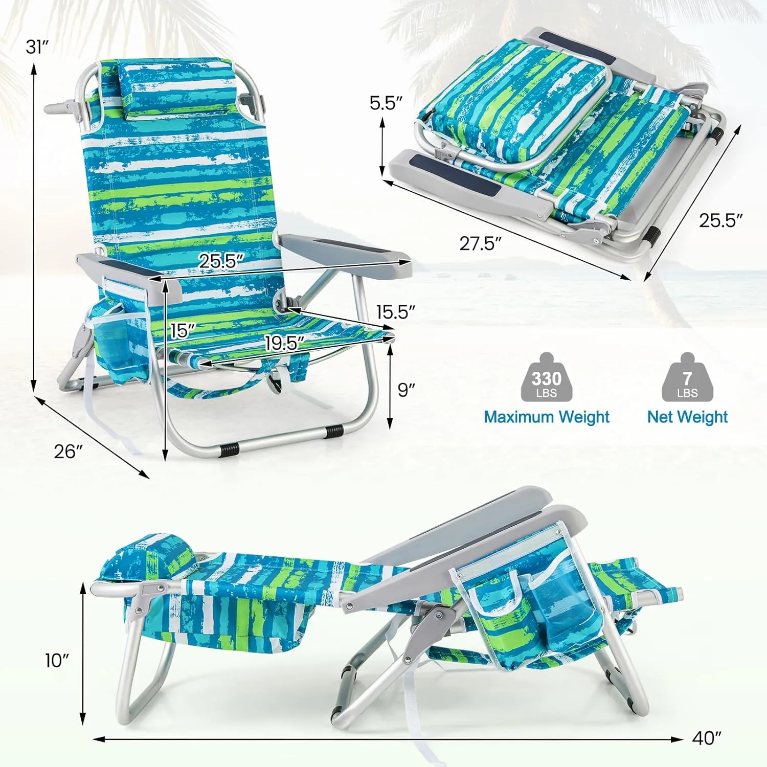 Giantex 2-Pack Backpack Beach Chair, Foldable Camping Chair with 5 Adjustable Position, Cup Holder, Storage Pockets, Straps, Towel Rack, Pillow, Lay Flat Lawn Chairs for Patio Outdoor, Blue/Green
