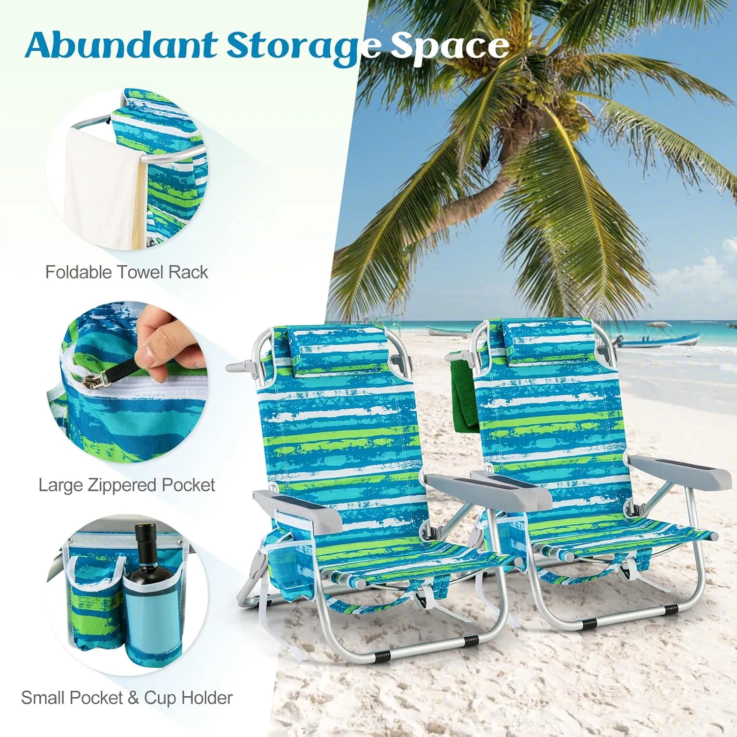 Giantex 2-Pack Backpack Beach Chair, Foldable Camping Chair with 5 Adjustable Position, Cup Holder, Storage Pockets, Straps, Towel Rack, Pillow, Lay Flat Lawn Chairs for Patio Outdoor, Blue/Green