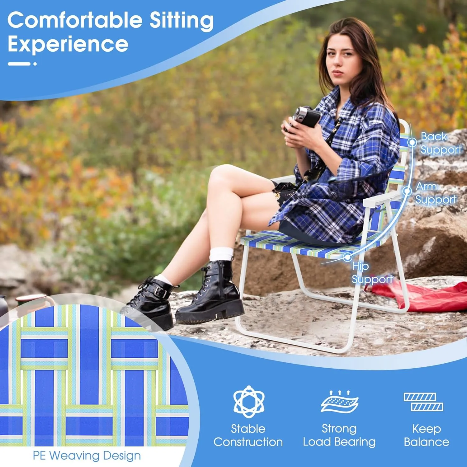 Giantex 2-Pack Beach Chairs for Adults, Camping Chair with Steel Frame, Lightweight Folding Directors Chairs for Outdoor Webbing, Patio, Fishing, Yard, Poolside Lawn Chairs Set of 2 (Blue)