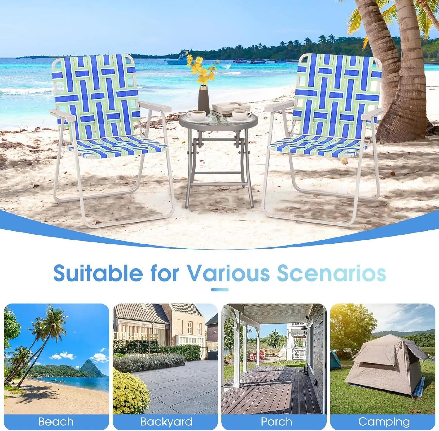 Giantex 2-Pack Beach Chairs for Adults, Camping Chair with Steel Frame, Lightweight Folding Directors Chairs for Outdoor Webbing, Patio, Fishing, Yard, Poolside Lawn Chairs Set of 2 (Blue)