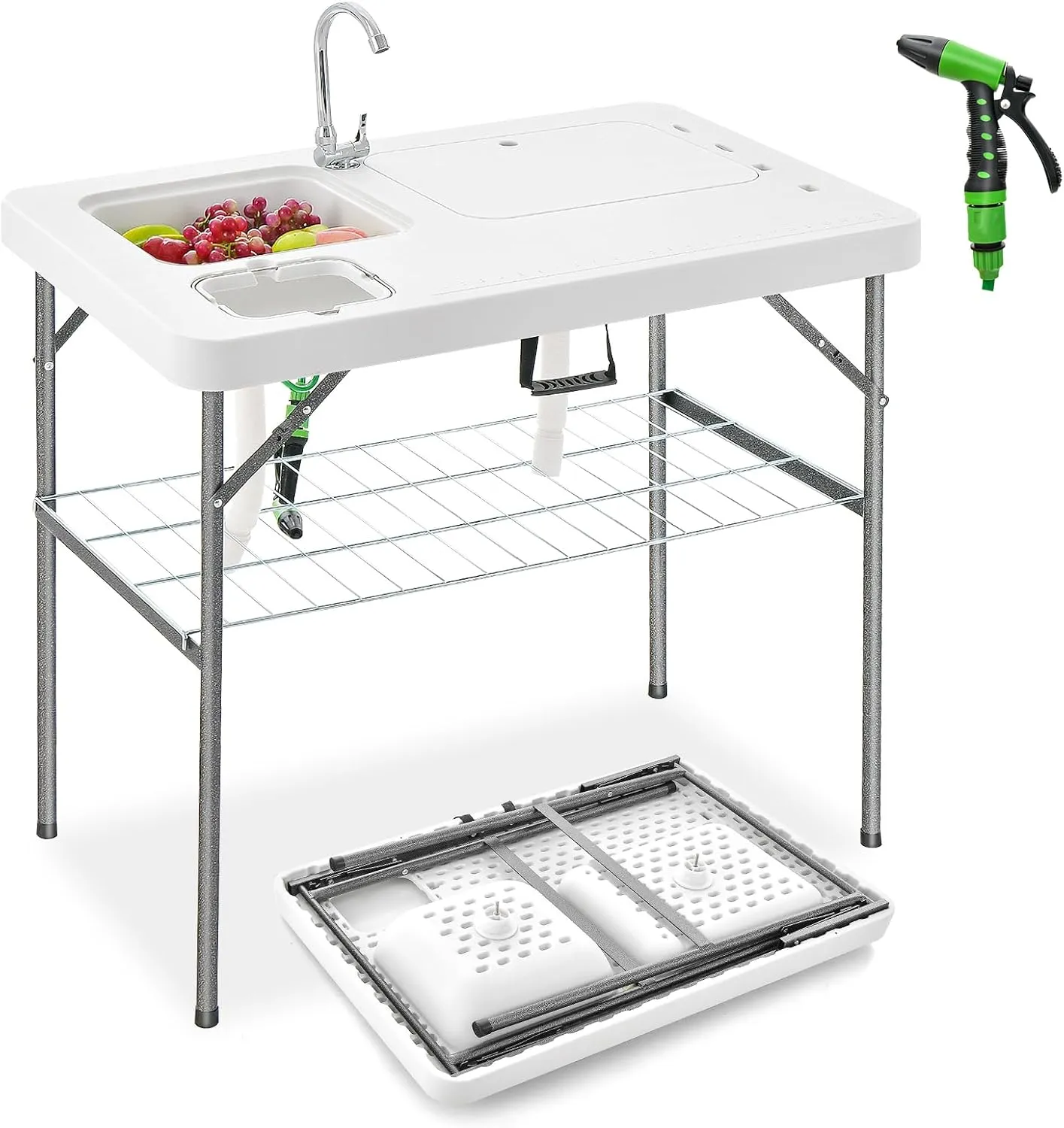 Giantex Folding Fish Cleaning Table with Double Sinks, Portable Fish Fillet Cleaning Station w/Faucet, Drainage Hoses, Sprayer & Storage Shelf, 2-in-1 Outdoor Camping Table for Picnics, Fishing