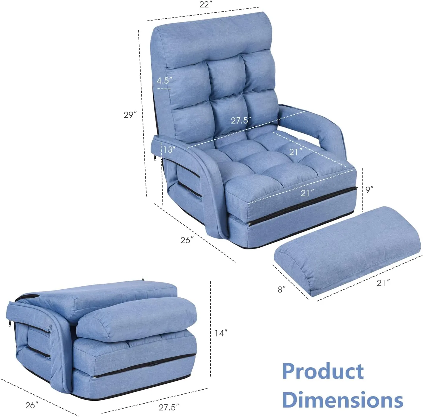 Giantex Folding Lazy Sofa Floor Chair, Indoor Chaise Lounger Bed with 6 Adjustable Position, Pillow, Living Room Lounge Couch(Blue)