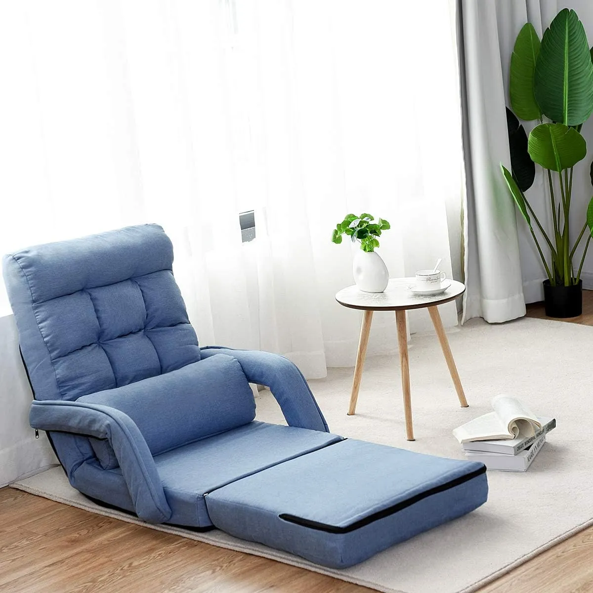Giantex Folding Lazy Sofa Floor Chair, Indoor Chaise Lounger Bed with 6 Adjustable Position, Pillow, Living Room Lounge Couch(Blue)