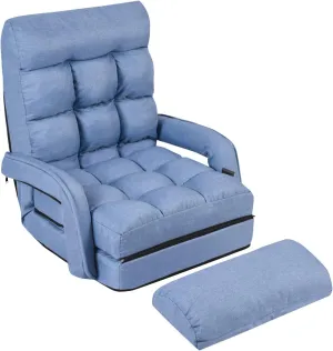 Giantex Folding Lazy Sofa Floor Chair, Indoor Chaise Lounger Bed with 6 Adjustable Position, Pillow, Living Room Lounge Couch(Blue)