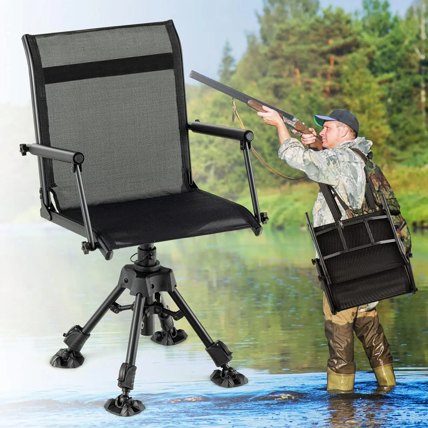 Giantex Swivel Hunting Blind Chair - Foldable 360° Hunter Chair with Oversized Duck Feet, Padded Armrests, 5 Height Adjustable, 331 lbs Capacity Portable Hunt Gear and Equipment, Rotating Hunt Chair