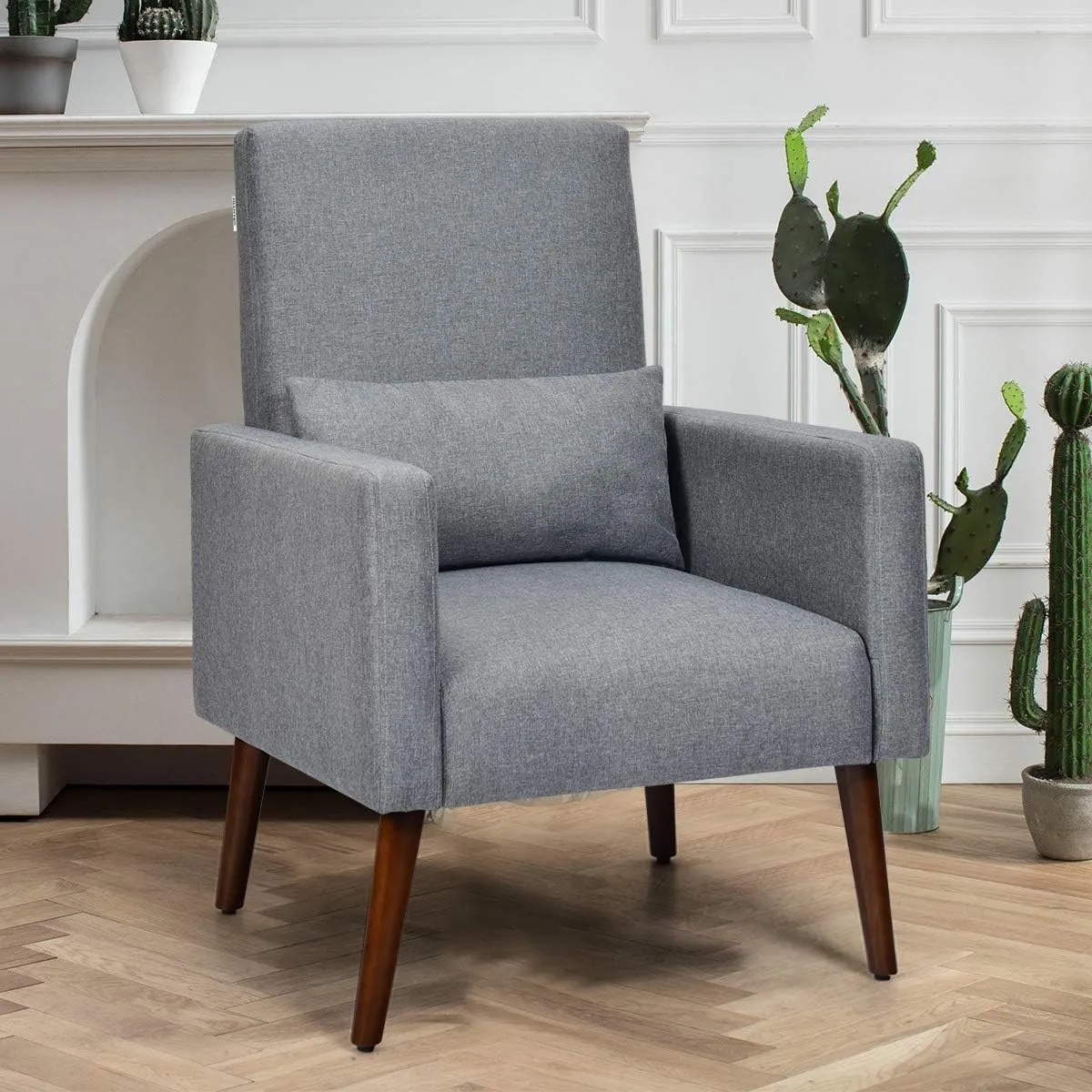Giantex Upholstered Rocking Chair, Modern High Back Armchair, Comfortable Rocker with Fabric Padded Seat, Waist Pillow and Wood Base Accent Chair for Nursery, Living Room, Bedroom, Office, Gray