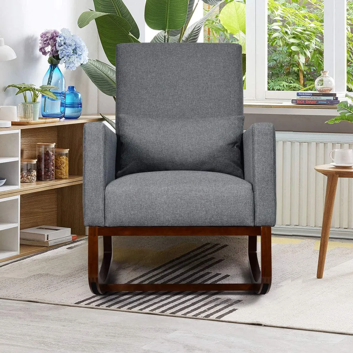 Giantex Upholstered Rocking Chair, Modern High Back Armchair, Comfortable Rocker with Fabric Padded Seat, Waist Pillow and Wood Base Accent Chair for Nursery, Living Room, Bedroom, Office, Gray