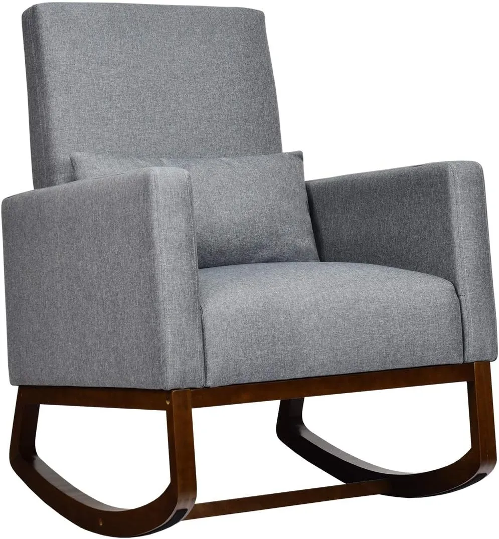 Giantex Upholstered Rocking Chair, Modern High Back Armchair, Comfortable Rocker with Fabric Padded Seat, Waist Pillow and Wood Base Accent Chair for Nursery, Living Room, Bedroom, Office, Gray