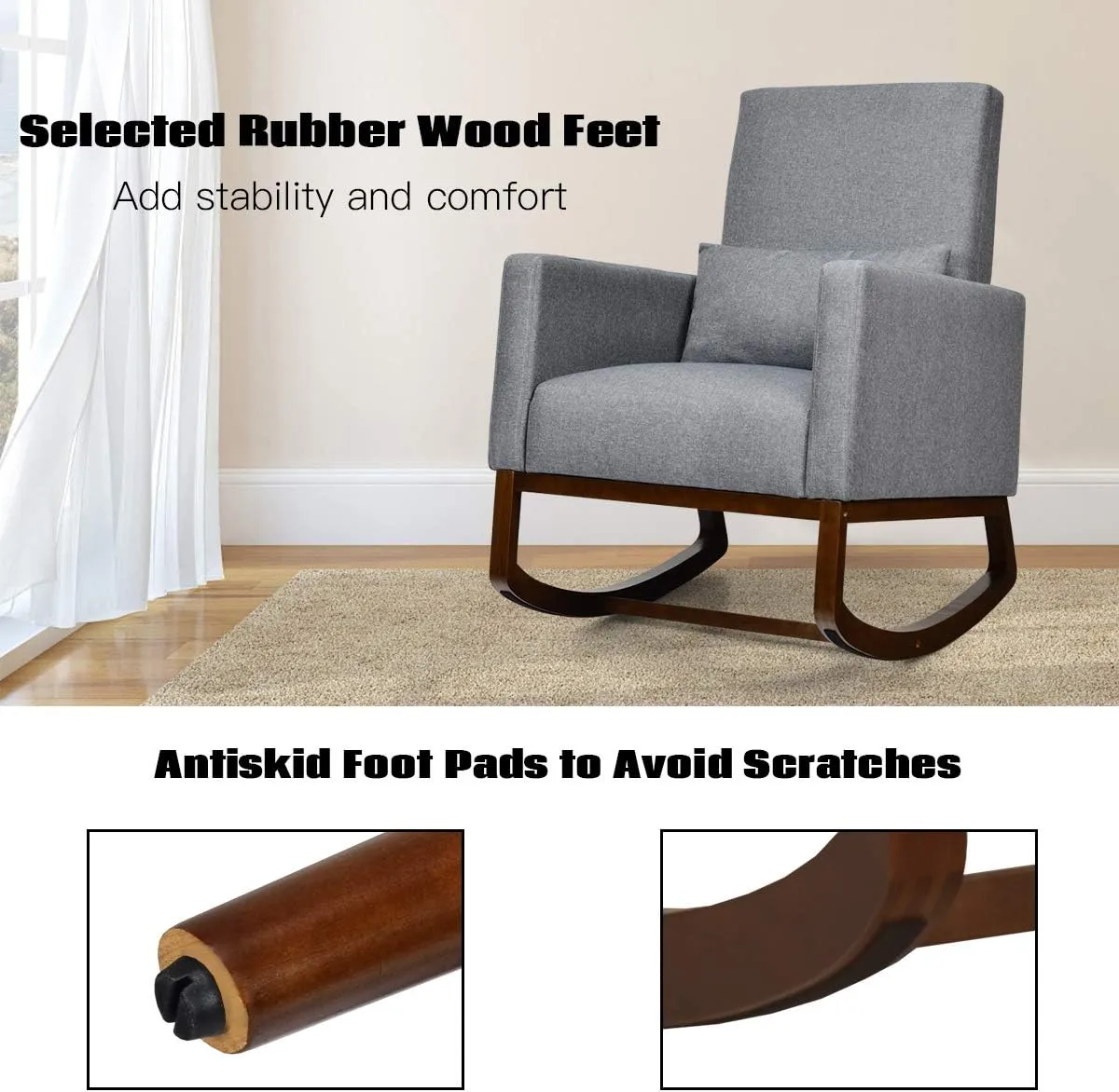 Giantex Upholstered Rocking Chair, Modern High Back Armchair, Comfortable Rocker with Fabric Padded Seat, Waist Pillow and Wood Base Accent Chair for Nursery, Living Room, Bedroom, Office, Gray