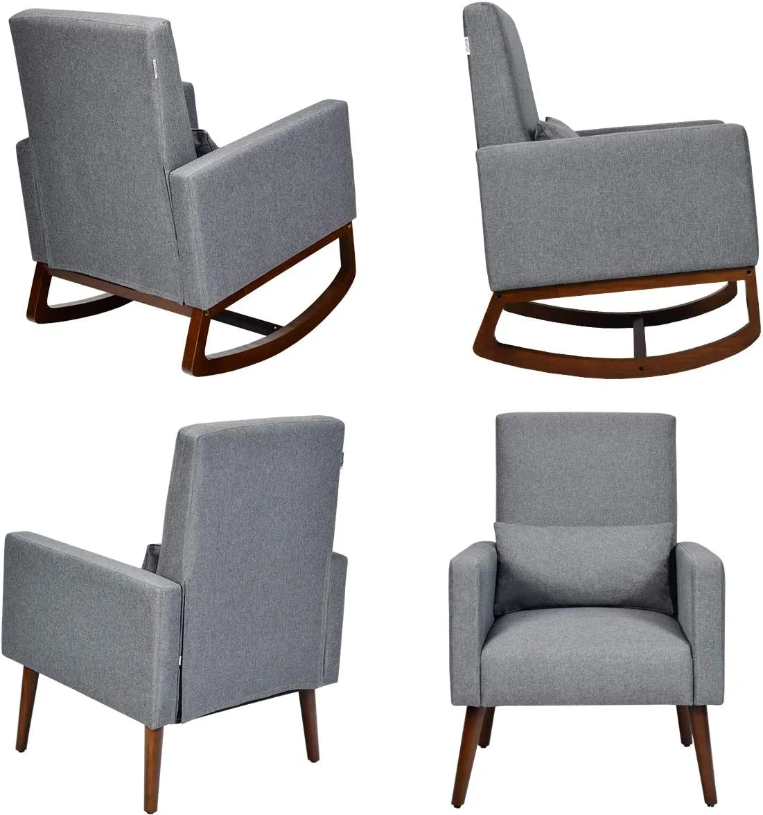 Giantex Upholstered Rocking Chair, Modern High Back Armchair, Comfortable Rocker with Fabric Padded Seat, Waist Pillow and Wood Base Accent Chair for Nursery, Living Room, Bedroom, Office, Gray