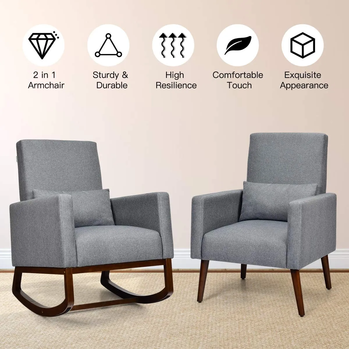 Giantex Upholstered Rocking Chair, Modern High Back Armchair, Comfortable Rocker with Fabric Padded Seat, Waist Pillow and Wood Base Accent Chair for Nursery, Living Room, Bedroom, Office, Gray