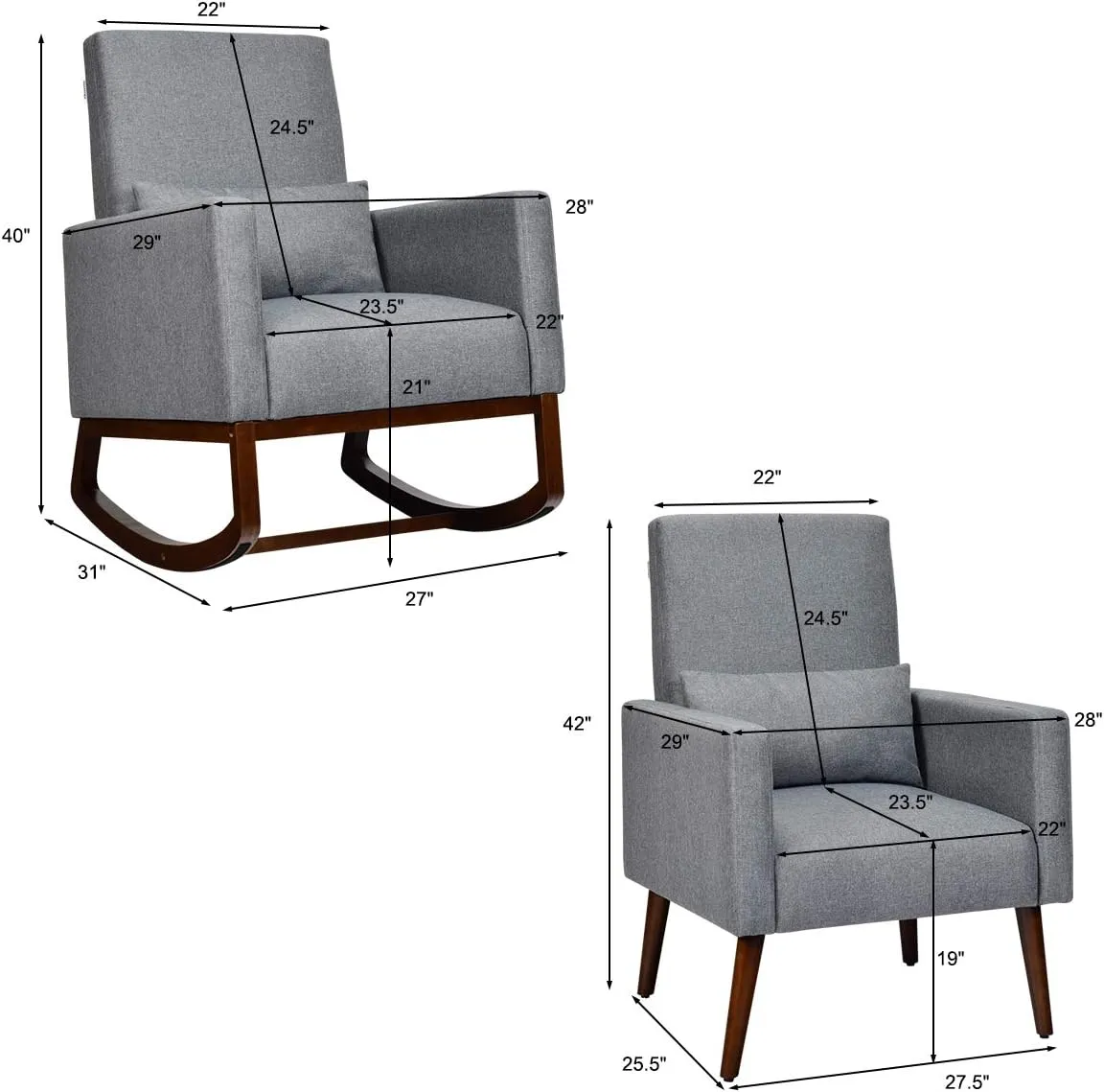 Giantex Upholstered Rocking Chair, Modern High Back Armchair, Comfortable Rocker with Fabric Padded Seat, Waist Pillow and Wood Base Accent Chair for Nursery, Living Room, Bedroom, Office, Gray