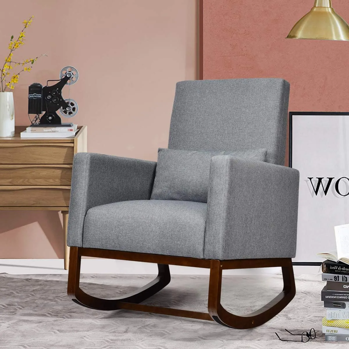 Giantex Upholstered Rocking Chair, Modern High Back Armchair, Comfortable Rocker with Fabric Padded Seat, Waist Pillow and Wood Base Accent Chair for Nursery, Living Room, Bedroom, Office, Gray