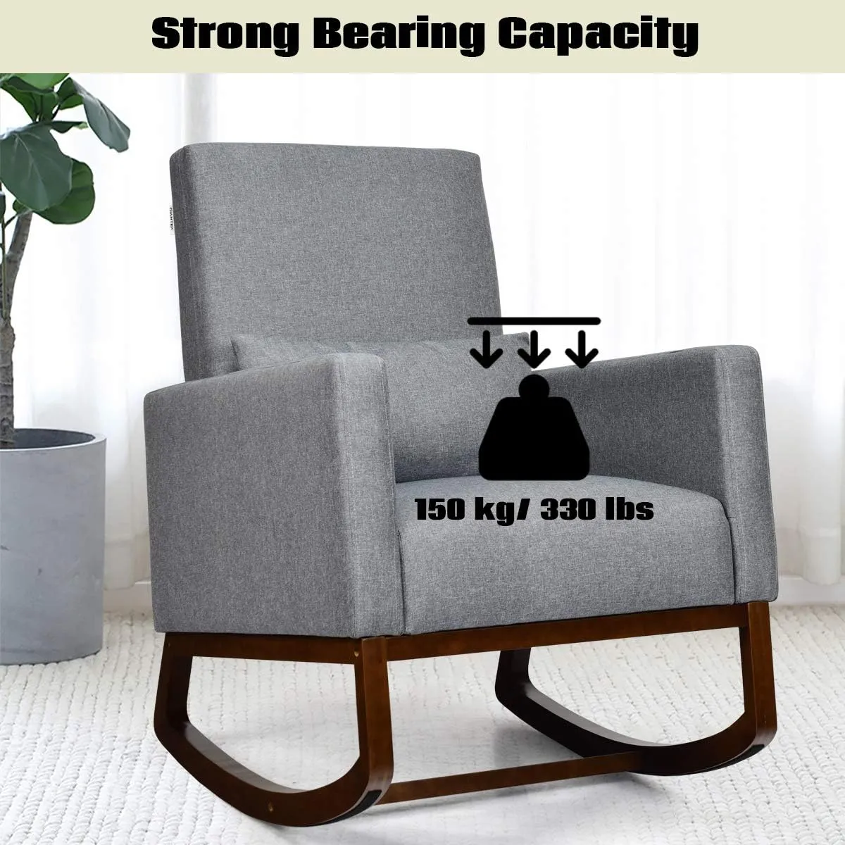 Giantex Upholstered Rocking Chair, Modern High Back Armchair, Comfortable Rocker with Fabric Padded Seat, Waist Pillow and Wood Base Accent Chair for Nursery, Living Room, Bedroom, Office, Gray