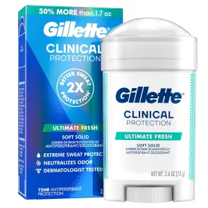 Gillette Clinical Antiperspirant and Deodorant for Men, 72hr Sweat & Odor Protection, Long Lasting Freshness, Anti-White Mark Technology, Soft Solid, Ultimate Fresh Scent, 2.6 oz