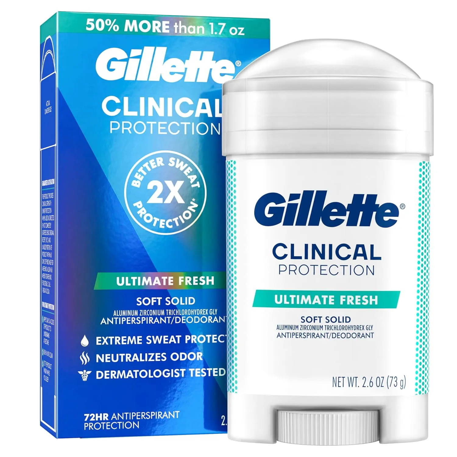 Gillette Clinical Antiperspirant and Deodorant for Men, 72hr Sweat & Odor Protection, Long Lasting Freshness, Anti-White Mark Technology, Soft Solid, Ultimate Fresh Scent, 2.6 oz