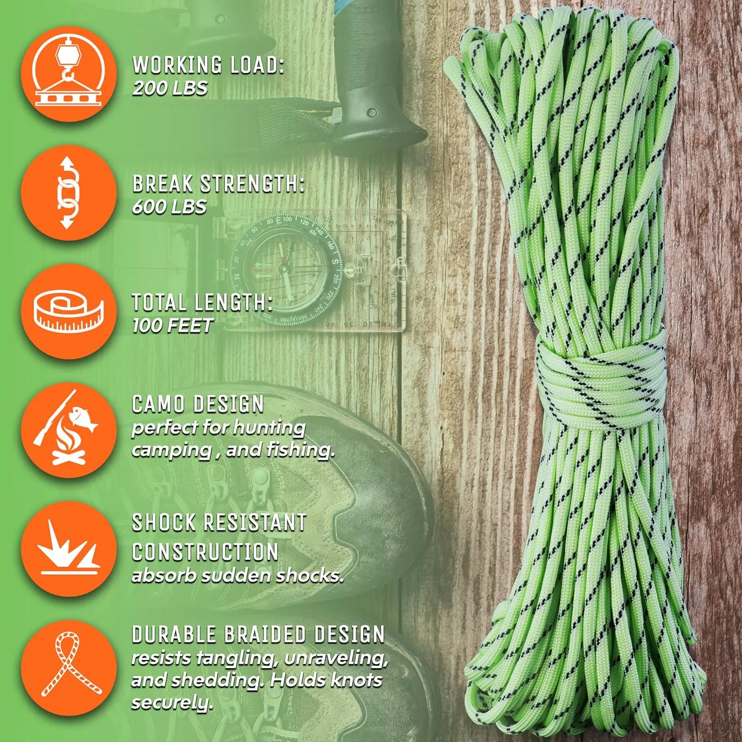 Glow-in-Dark Braided Rope 100 Ft. High Visible Multi Utility Cord, Lightweight and Durable with Excellent Knot Retention | Good for Camping, Construction Projects, Boating, and Fishing – by Ram-Pro