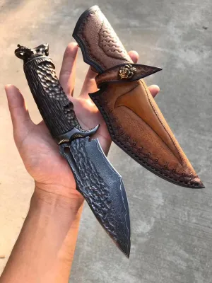Goat Skull Handmade Damascus Steel Outdoor Knife