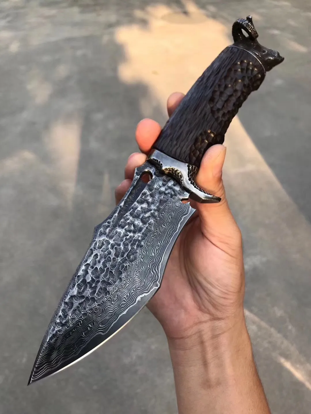Goat Skull Handmade Damascus Steel Outdoor Knife