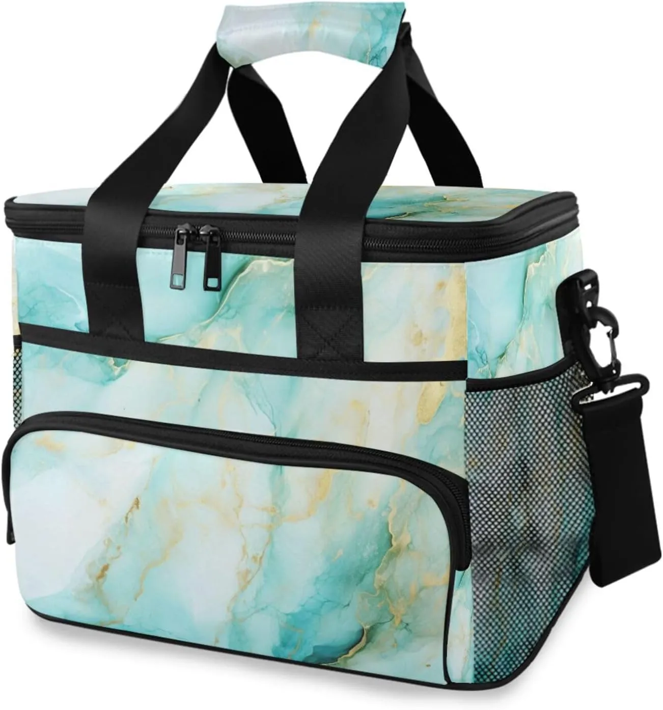 Gold Marble Blue Fluid Cooler Bag Insulated Cooler Soft Sided Cooler 24 Can Portable Picnic Bag Large Leakproof Lunch Bag Box for Beach Grocery Camping Travel Car Men Women