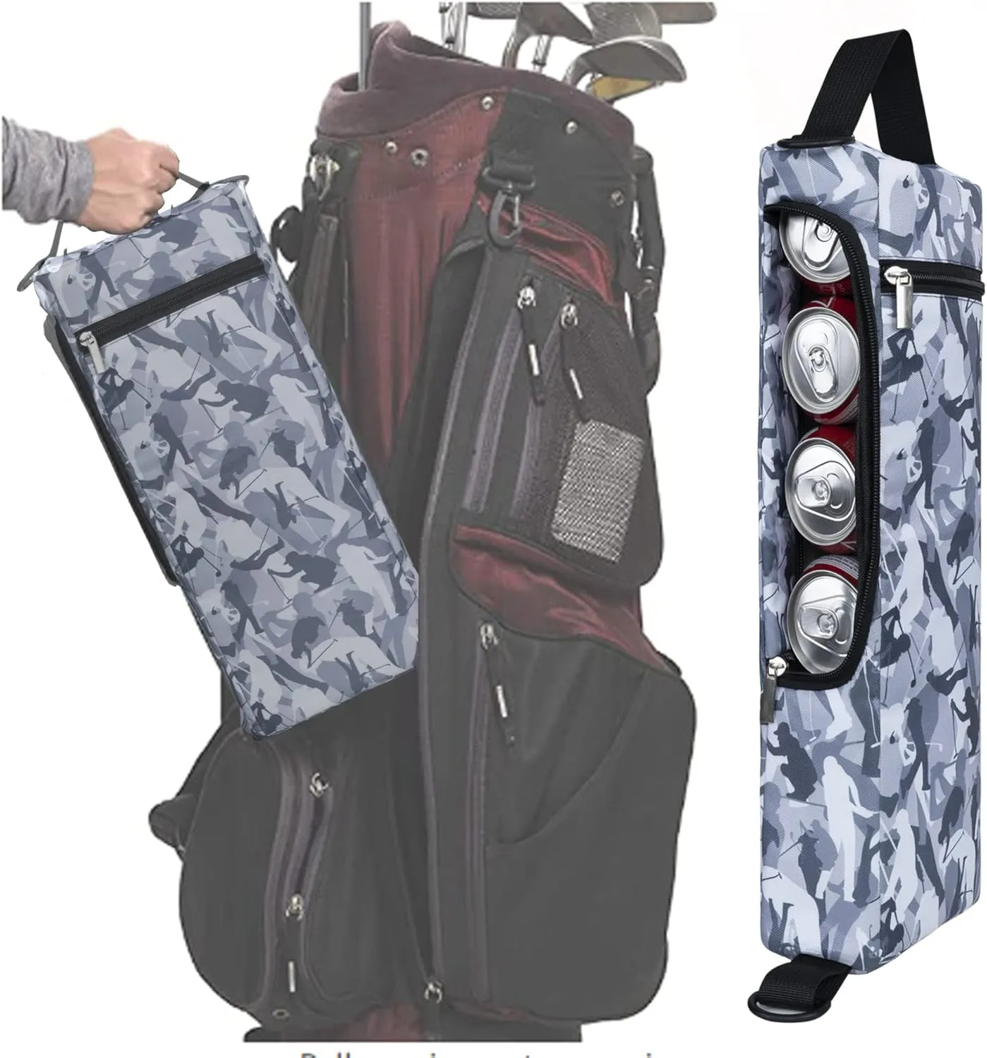 Golf Cooler Bag Plus Ice Pack Soft Sided Insulated Cooler Bag- Holds 6 Pack of Cans or 2 Wine Bottles - Grey Camo Golf Beer Sleeve Black Fits Discreetly in Golf Bags