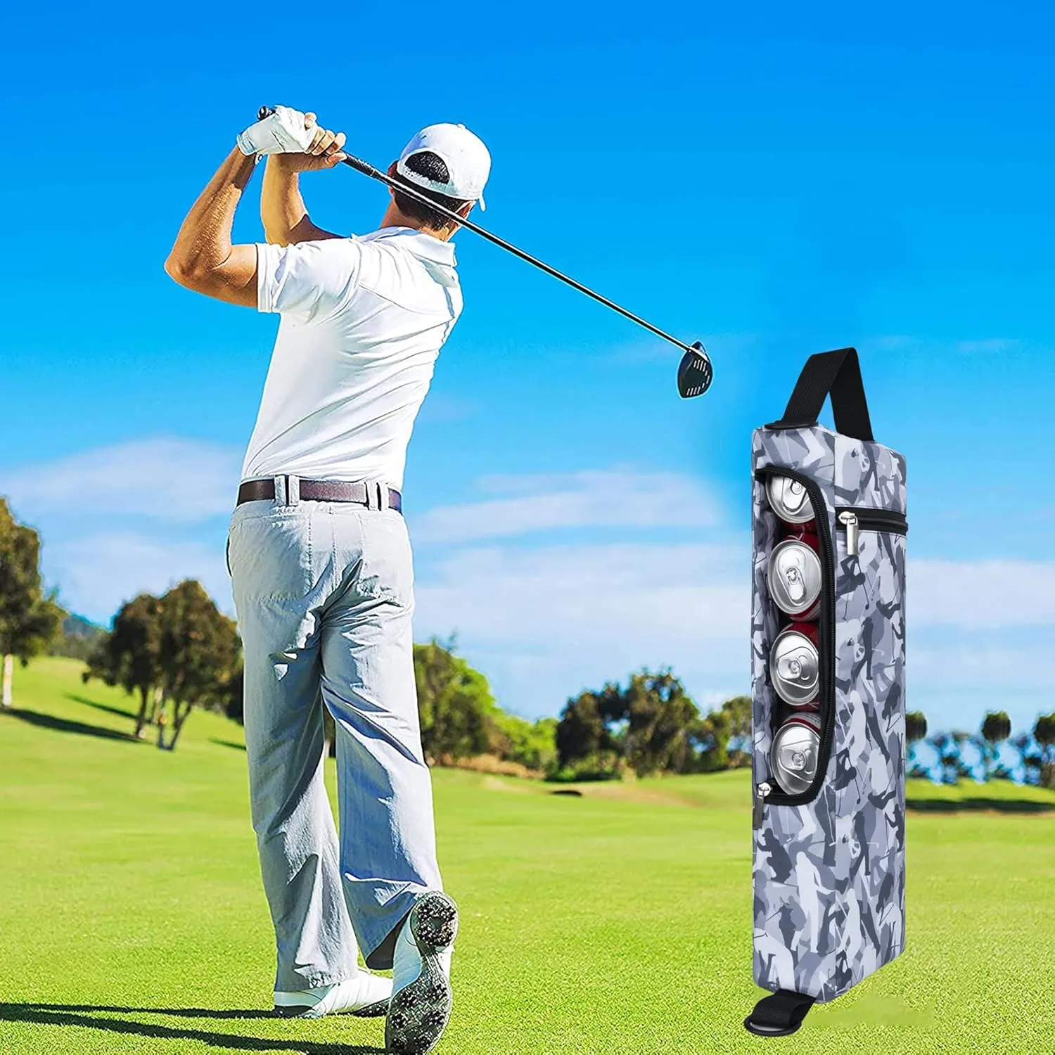 Golf Cooler Bag Plus Ice Pack Soft Sided Insulated Cooler Bag- Holds 6 Pack of Cans or 2 Wine Bottles - Grey Camo Golf Beer Sleeve Black Fits Discreetly in Golf Bags