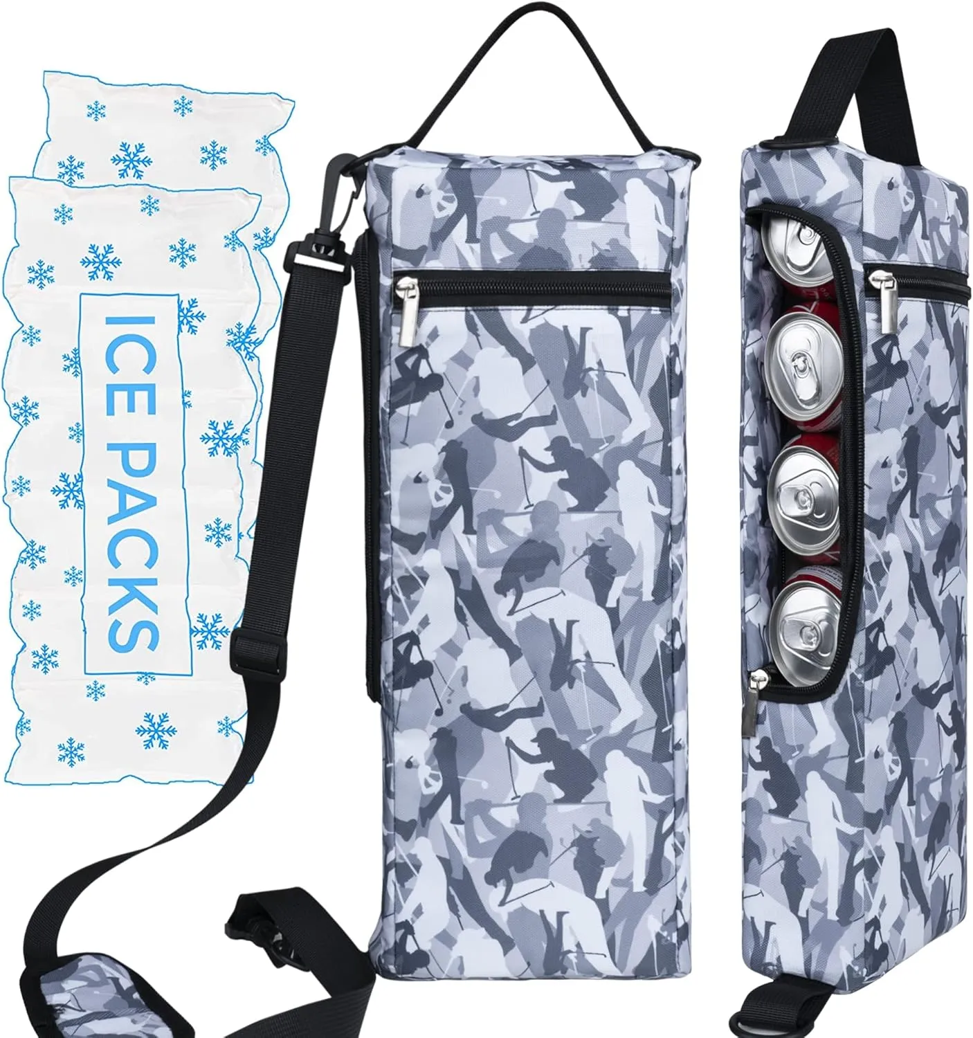 Golf Cooler Bag Plus Ice Pack Soft Sided Insulated Cooler Bag- Holds 6 Pack of Cans or 2 Wine Bottles - Grey Camo Golf Beer Sleeve Black Fits Discreetly in Golf Bags
