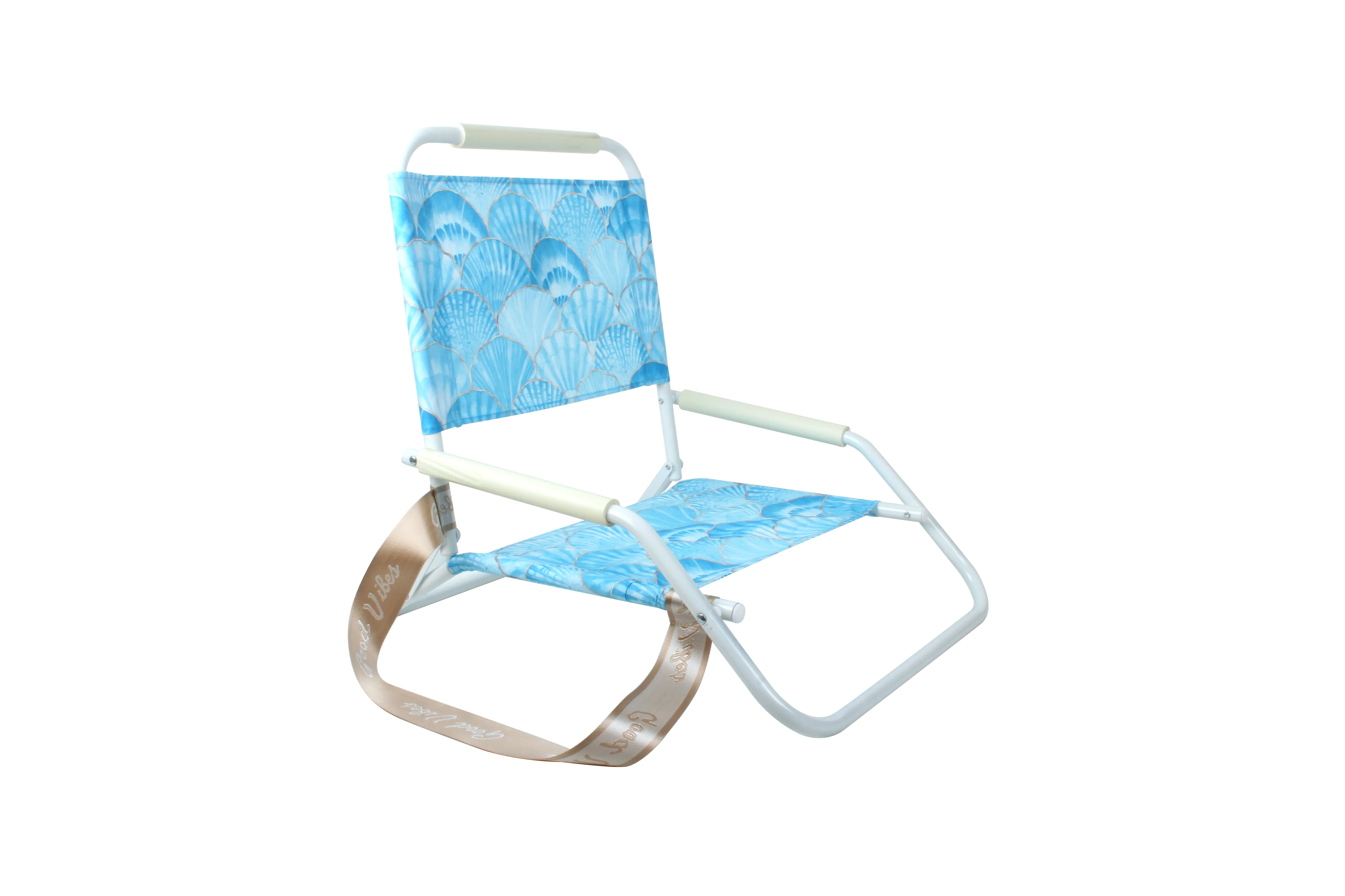 Good Vibes™ Foldable Beach Chair with Carry Strap, Lightweight & Portable, High Back, Powder Coated Frame - Seashells