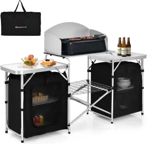 Goplus Folding Camping Kitchen Table with Storage, Aluminum Portable Outdoor Cooking Table with Windscreen, Foldable Camp Table Cook Station for BBQ, Grill, Party, Picnics, 68D x 19W x 43.5H in, Black