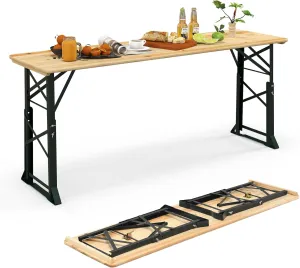 Goplus Folding Picnic Beer Table, 66.5” Outdoor Camping Table with Adjustable Heights, Umbrella Hole and Wood Top, Rectangular Portable Picnic Table for Patio Garden Party Backyard, No Assembly
