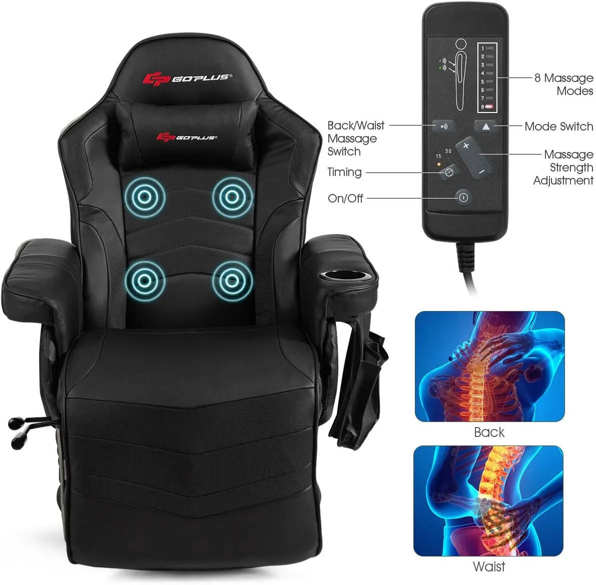 Goplus Massage Gaming Chair, Racing Style Gaming Recliner w/Adjustable Backrest and Footrest, Ergonomic High Back PU Leather Computer Office Chair Swivel Game Chair w/Cup Holder and Side Pouch