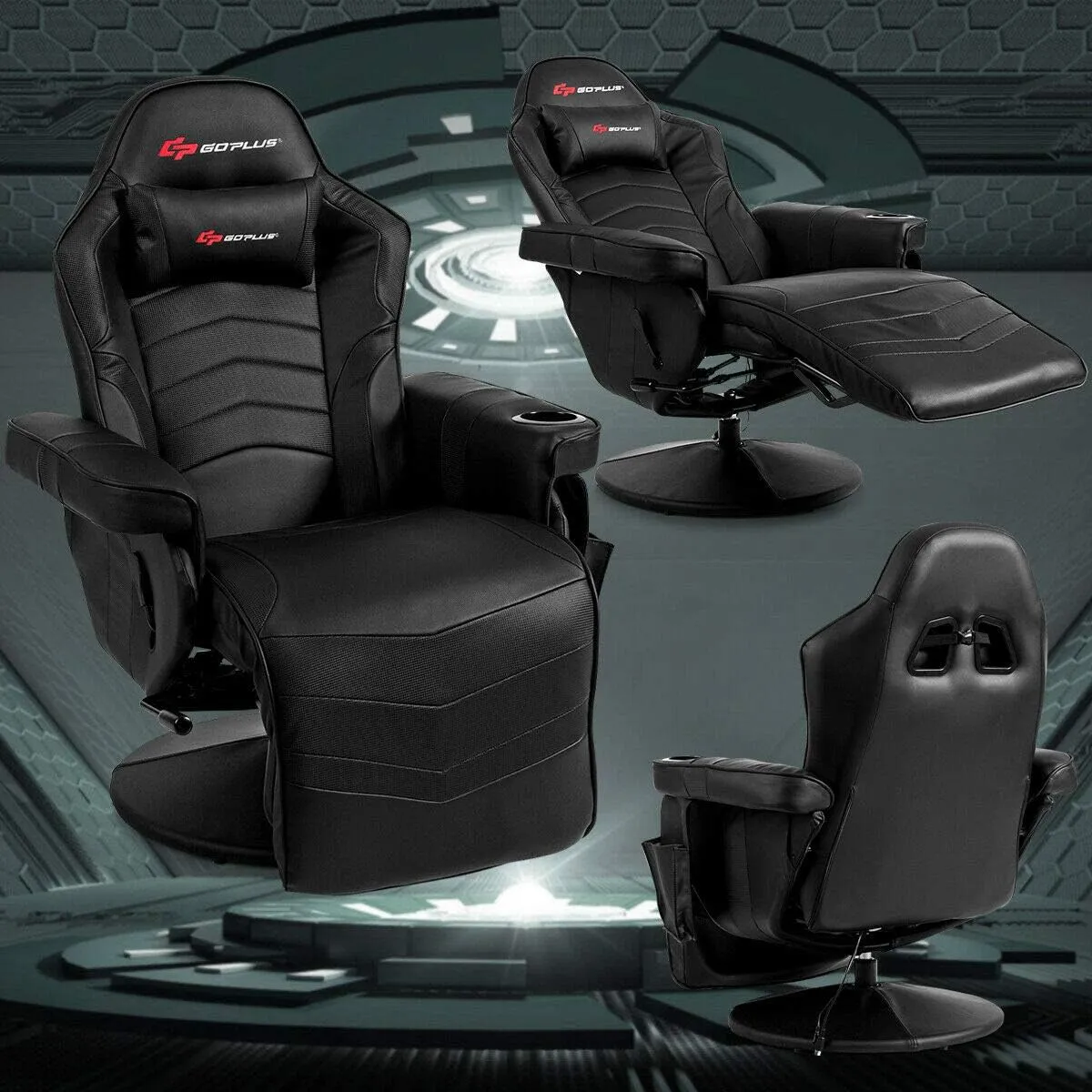 Goplus Massage Gaming Chair, Racing Style Gaming Recliner w/Adjustable Backrest and Footrest, Ergonomic High Back PU Leather Computer Office Chair Swivel Game Chair w/Cup Holder and Side Pouch
