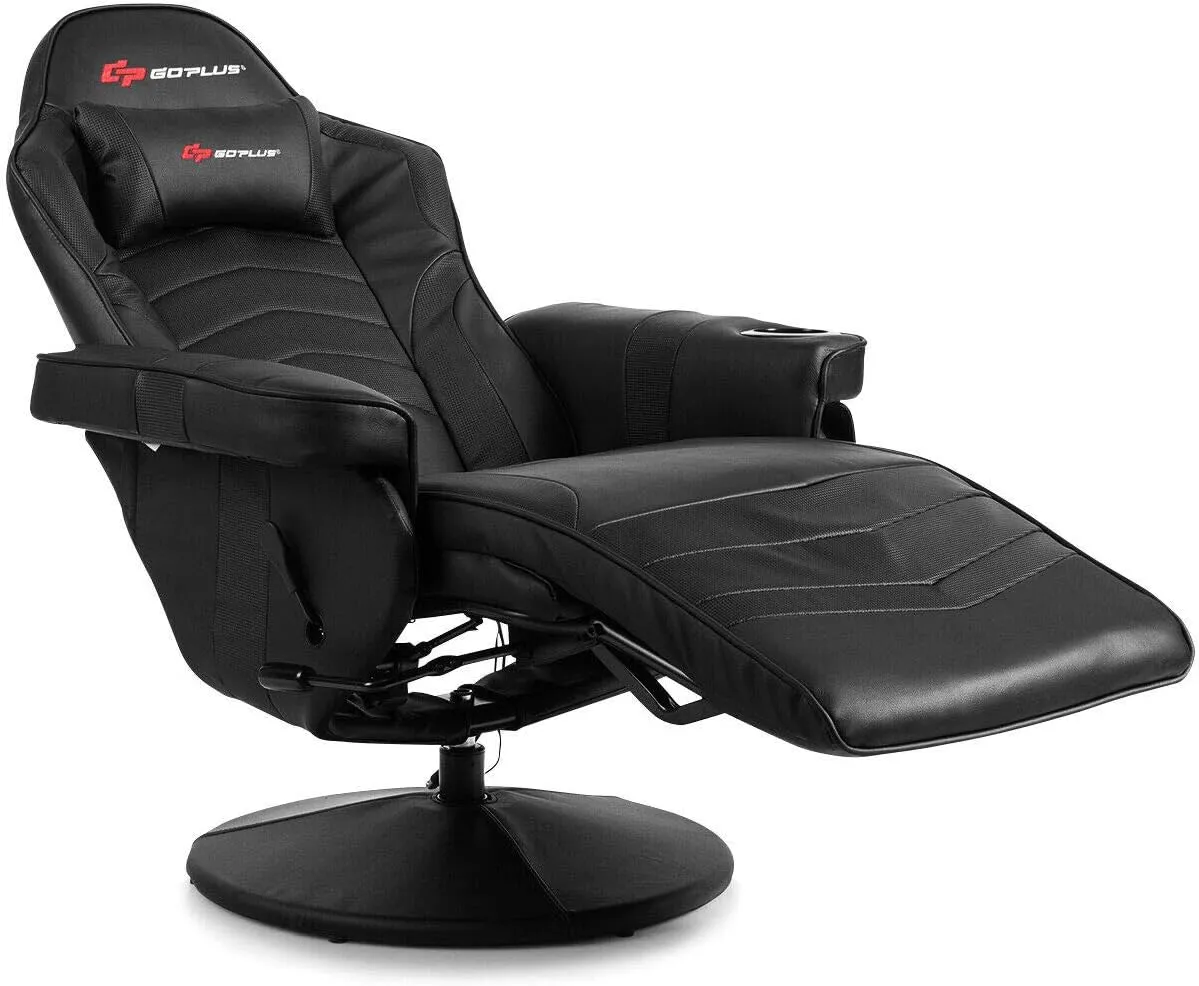 Goplus Massage Gaming Chair, Racing Style Gaming Recliner w/Adjustable Backrest and Footrest, Ergonomic High Back PU Leather Computer Office Chair Swivel Game Chair w/Cup Holder and Side Pouch