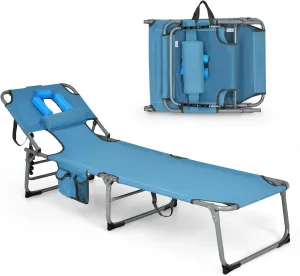 Goplus Tanning Chair, Folding Adjustable Patio Lounge Chair with Face Hole, Removable Pillow, 330LBS, Carry Strap, Outdoor Sunbathing Chair, Lightweight Portable Beach Lounge Chair, No Assembly
