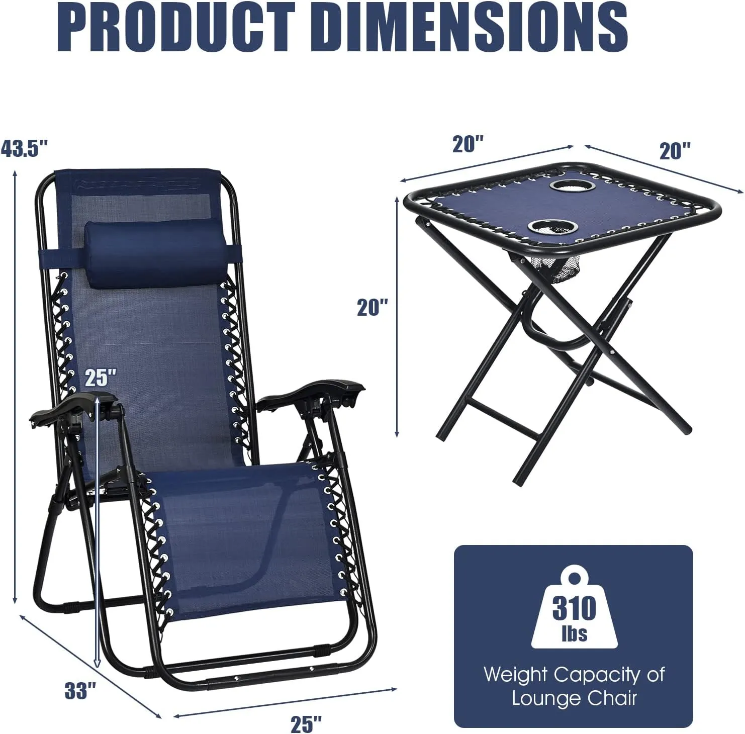 Goplus Zero Gravity Chair Set, 3 Pieces Outdoor Lounge Chair Recliners w/Side Table, Headrest and Cup Holders, Adjustable Folding Recliners and Table for Patio, Yard, Pool, Beach (Navy)