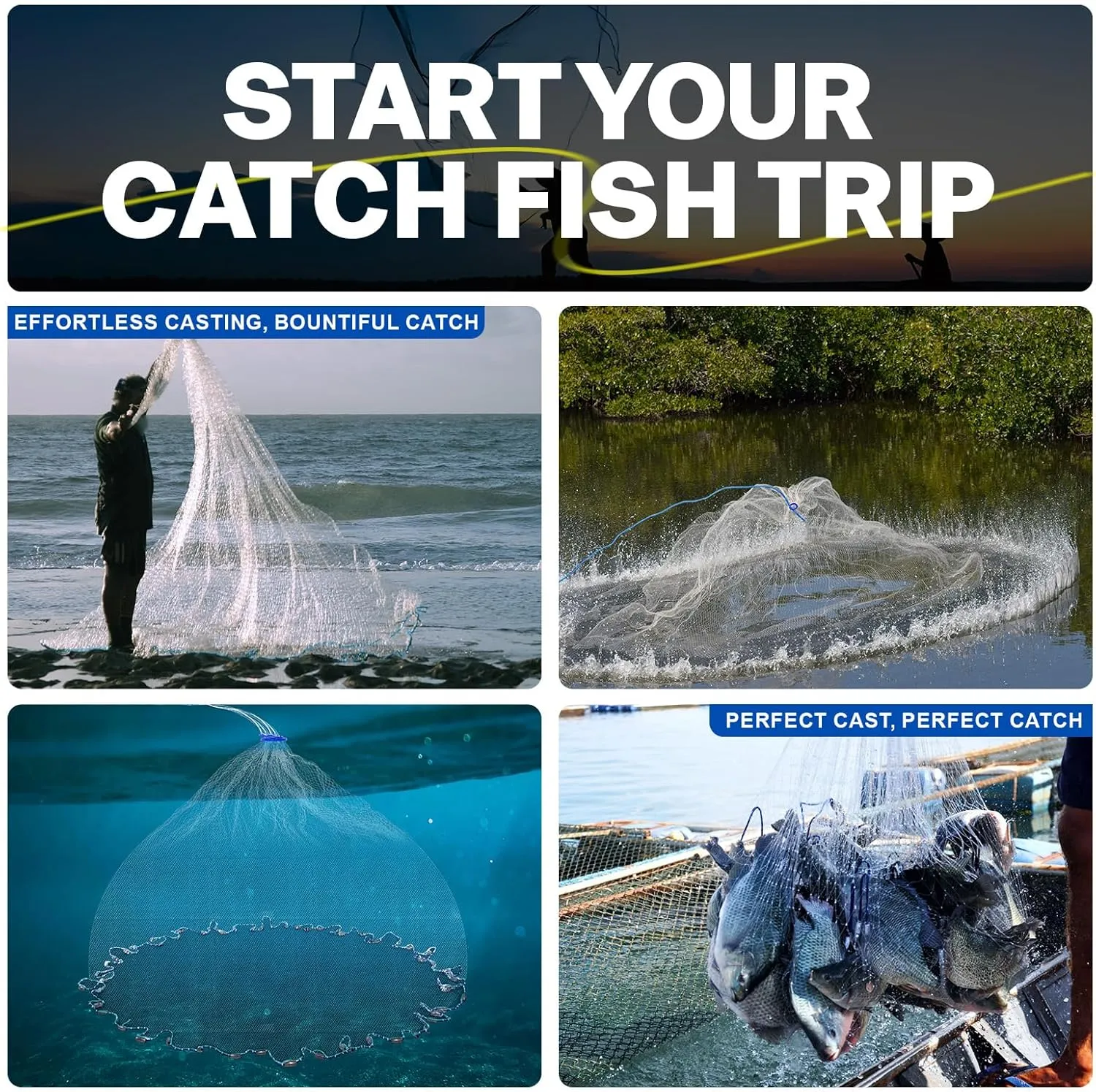 Goture American Fishing Cast Net Saltwater Freshwater, Heavy Duty Sinker, Dual Color Double Selvage, Increased Cast Net Area, 3/8 Mesh Fish Throw Cast Net with Needle for Shrimp Trap, 3ft-12ft Radius