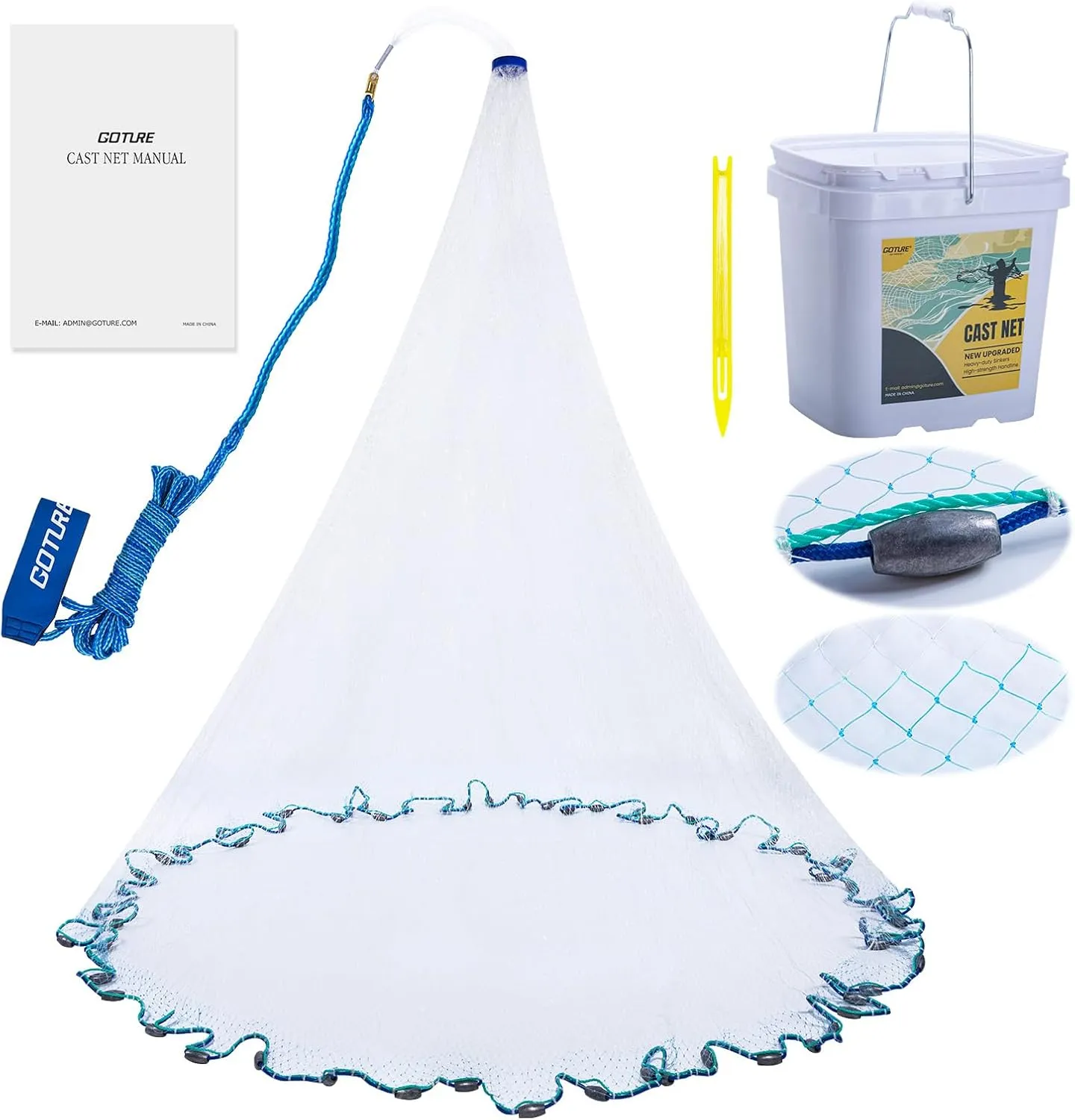 Goture American Fishing Cast Net Saltwater Freshwater, Heavy Duty Sinker, Dual Color Double Selvage, Increased Cast Net Area, 3/8 Mesh Fish Throw Cast Net with Needle for Shrimp Trap, 3ft-12ft Radius
