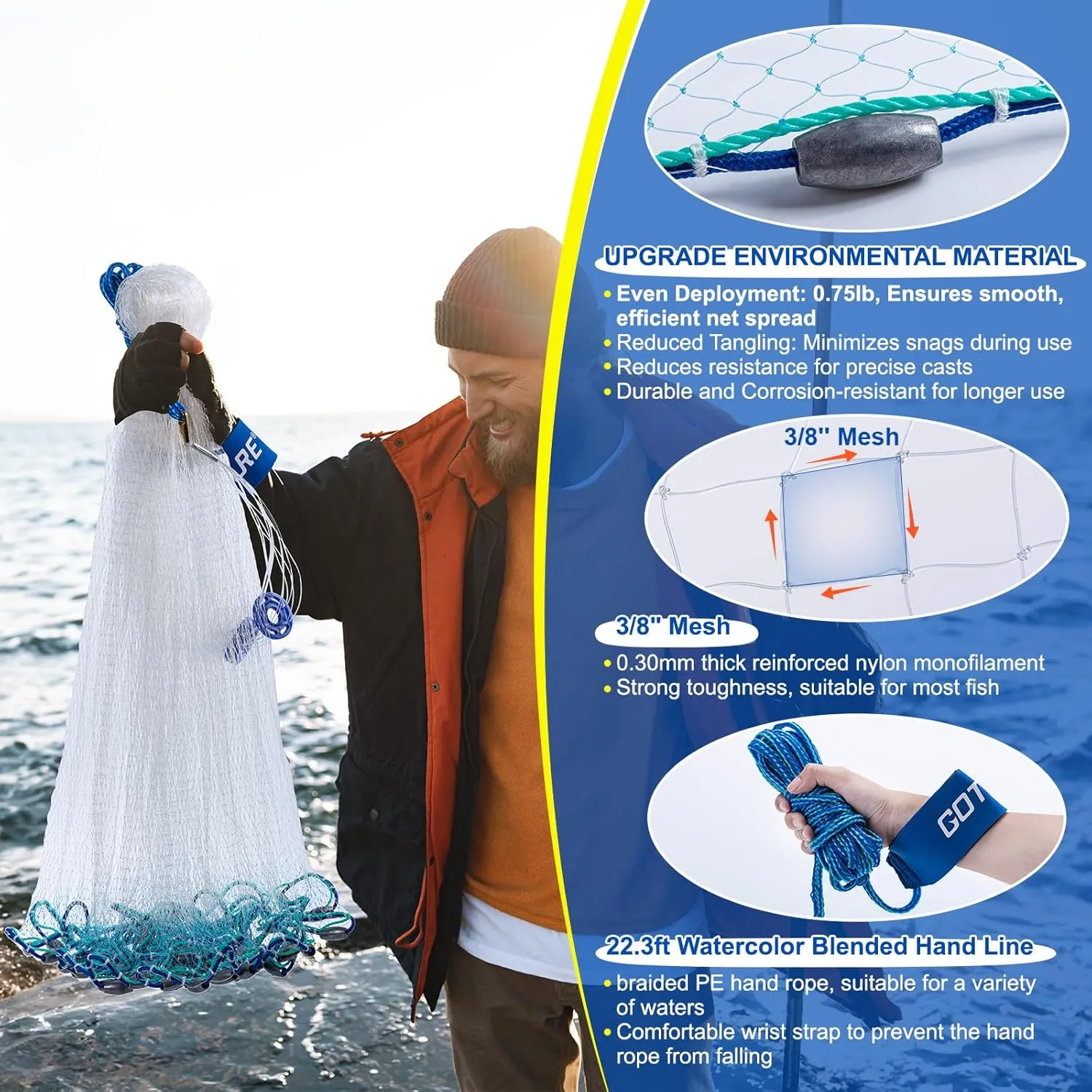 Goture American Fishing Cast Net Saltwater Freshwater, Heavy Duty Sinker, Dual Color Double Selvage, Increased Cast Net Area, 3/8 Mesh Fish Throw Cast Net with Needle for Shrimp Trap, 3ft-12ft Radius