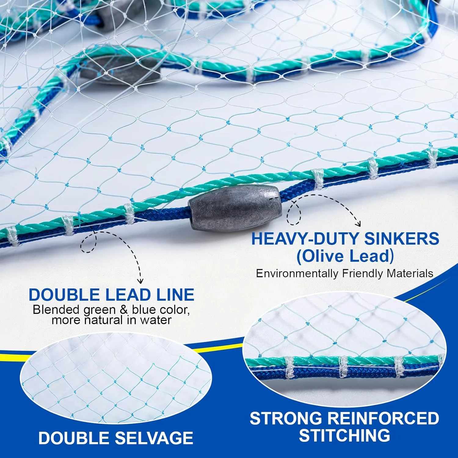 Goture American Fishing Cast Net Saltwater Freshwater, Heavy Duty Sinker, Dual Color Double Selvage, Increased Cast Net Area, 3/8 Mesh Fish Throw Cast Net with Needle for Shrimp Trap, 3ft-12ft Radius
