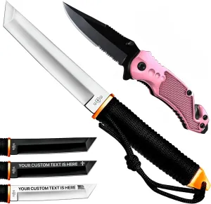Grand Way Tanto Camping Knife with Sheath – 3  Colors – 5.9" Fixed Full Tang Mirror Polished Blade – Serrated Blade Pink Knife – Pocket Knife for Women – Self Defense Knife