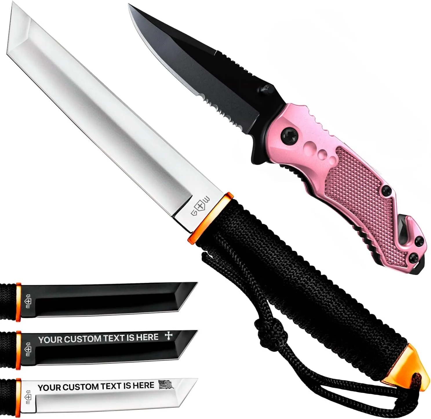 Grand Way Tanto Camping Knife with Sheath – 3  Colors – 5.9" Fixed Full Tang Mirror Polished Blade – Serrated Blade Pink Knife – Pocket Knife for Women – Self Defense Knife