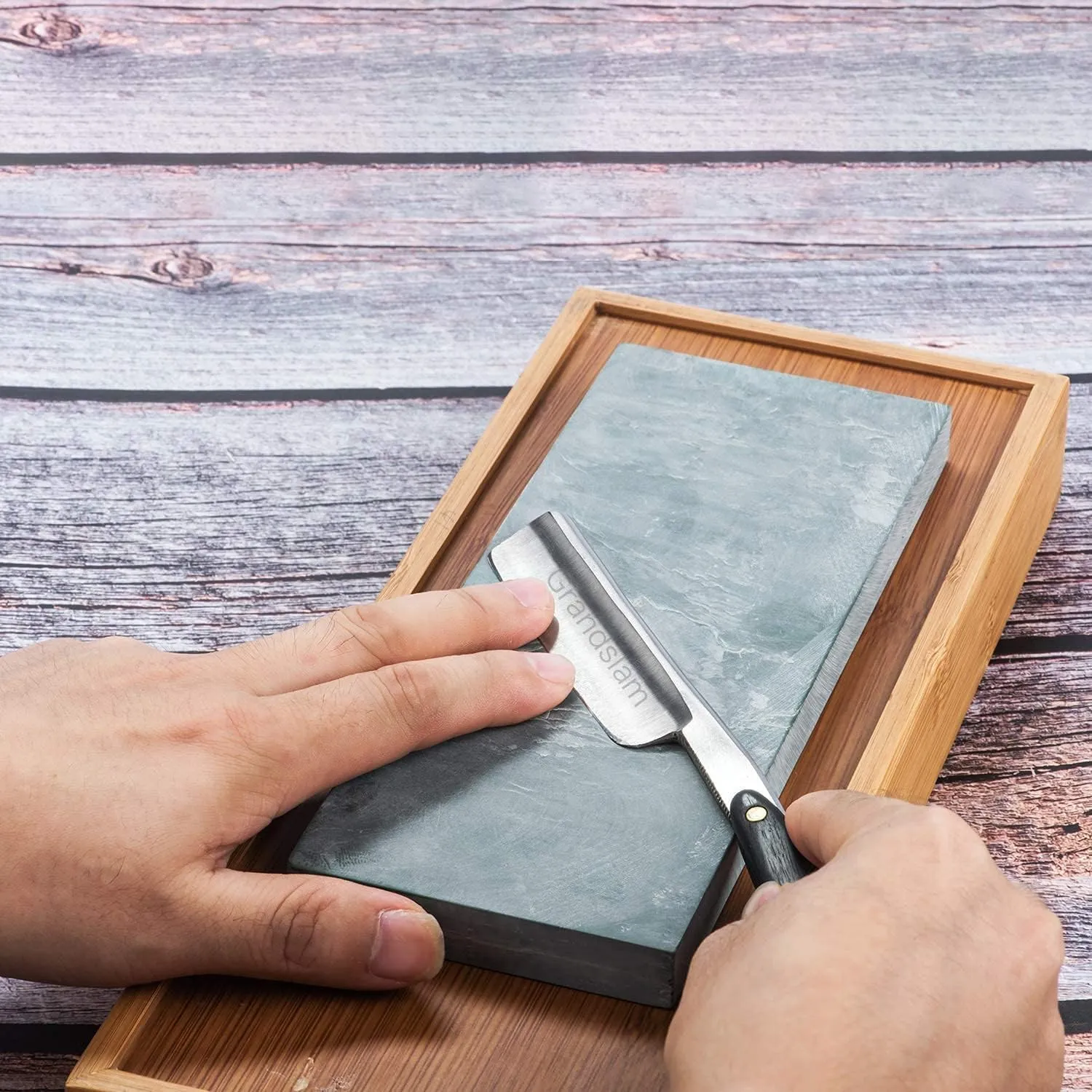 Grandslam Straight Razor Shave Ready Handmade Sharpened, 420 Steel Straight Razor Blade, 2 Layers Long Leather Canvas Strop, Sharpening Stone,2 Side Grit 3000 Waterstone Knife Sharpener