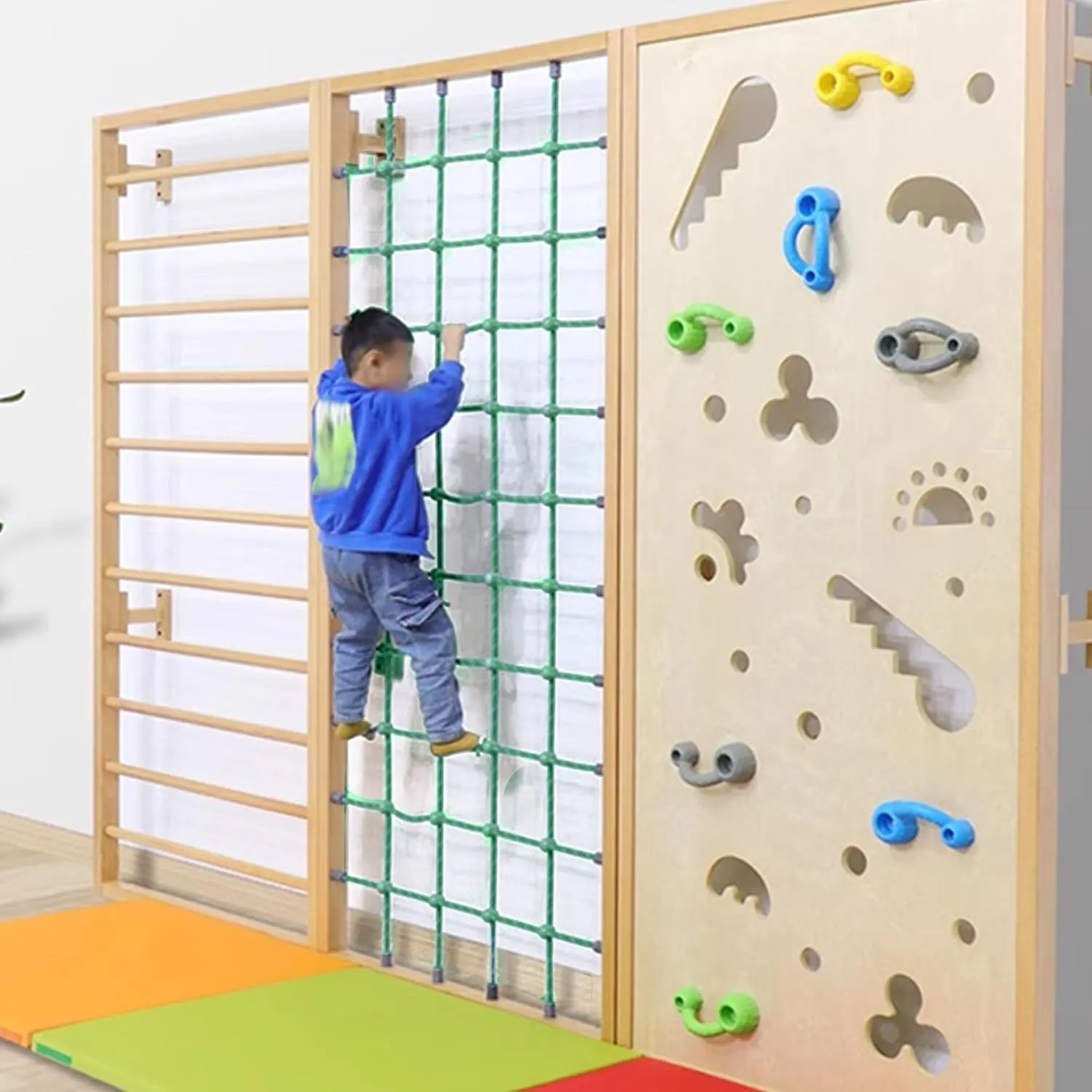 Green Rope Climbing Ladder - Indoor Climbing Net, Outdoor Cargo Webbing Net, 100% Polyester Fiber Rope Ladder, with Installation Drill Bit and Binding Rope. (Set1: 4V * 8H (73" L * 28" W))