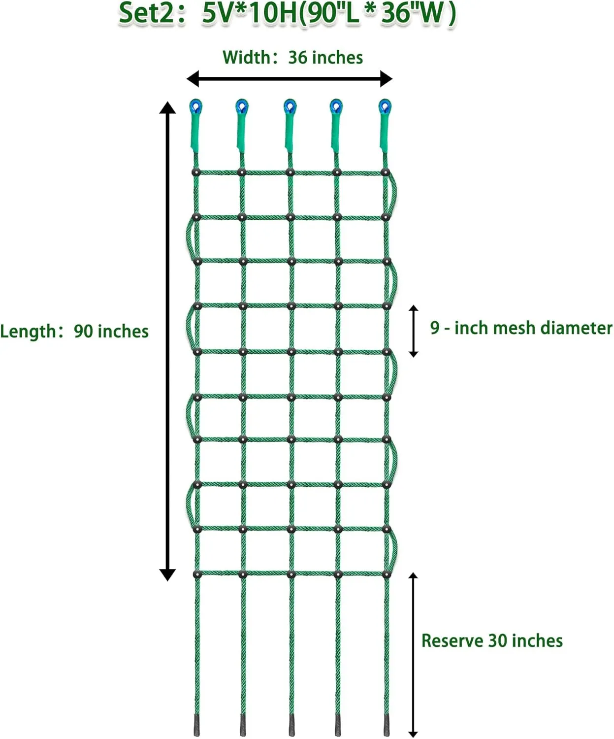 Green Rope Climbing Ladder - Indoor Climbing Net, Outdoor Cargo Webbing Net, 100% Polyester Fiber Rope Ladder, with Installation Drill Bit and Binding Rope. (Set1: 4V * 8H (73" L * 28" W))