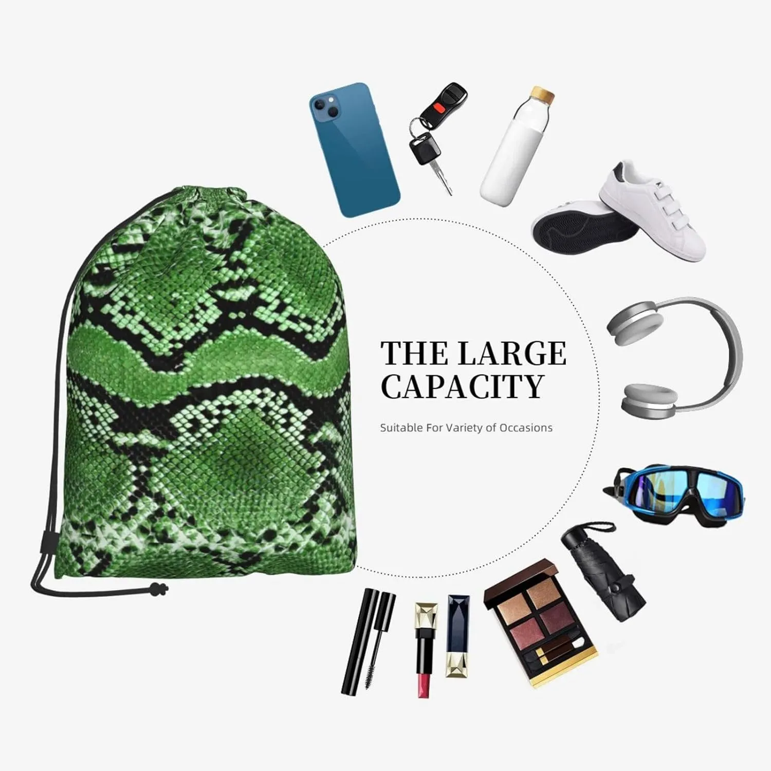 Green Snakeskin Drawstring Cinch Backpack Polyester Sack Pack String Bag For Hiking Camping Adventure